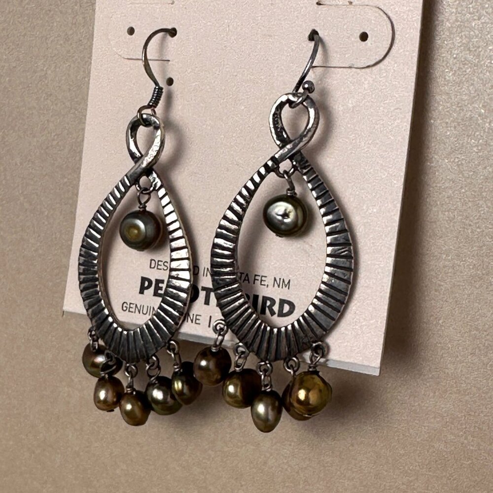 Peyote Bird Boho Teardrop Earrings Bronze Pearls Oxidized Silver NWT Signed - Picture 2 of 11